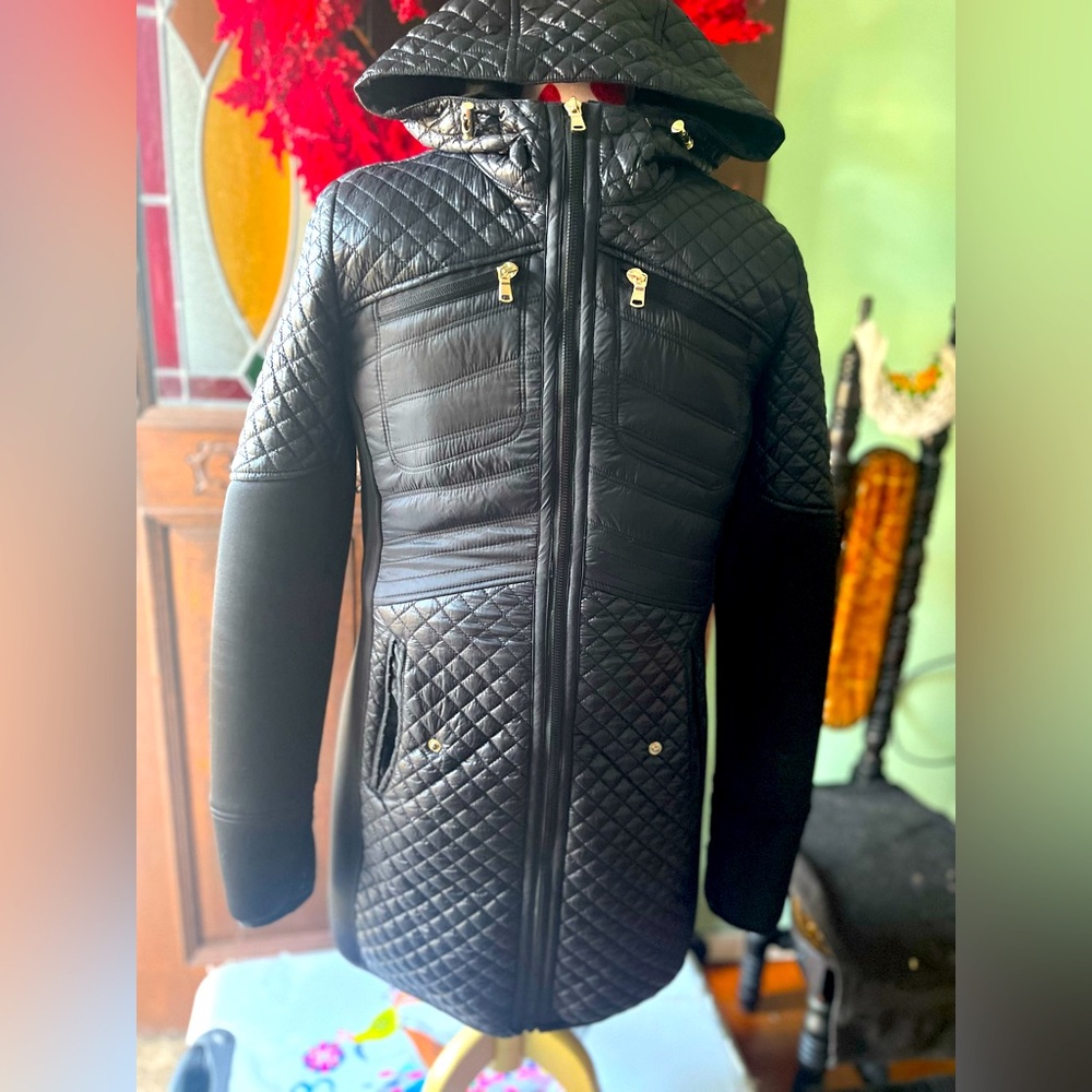 Michael Kors Woman's Black Mixed Media Coat With Hood.* NEW CONDITION*